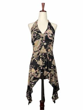 Charlotte Russe Y2K Black Paisley Halter Tunic Dress Fairy Grunge Festival Boho